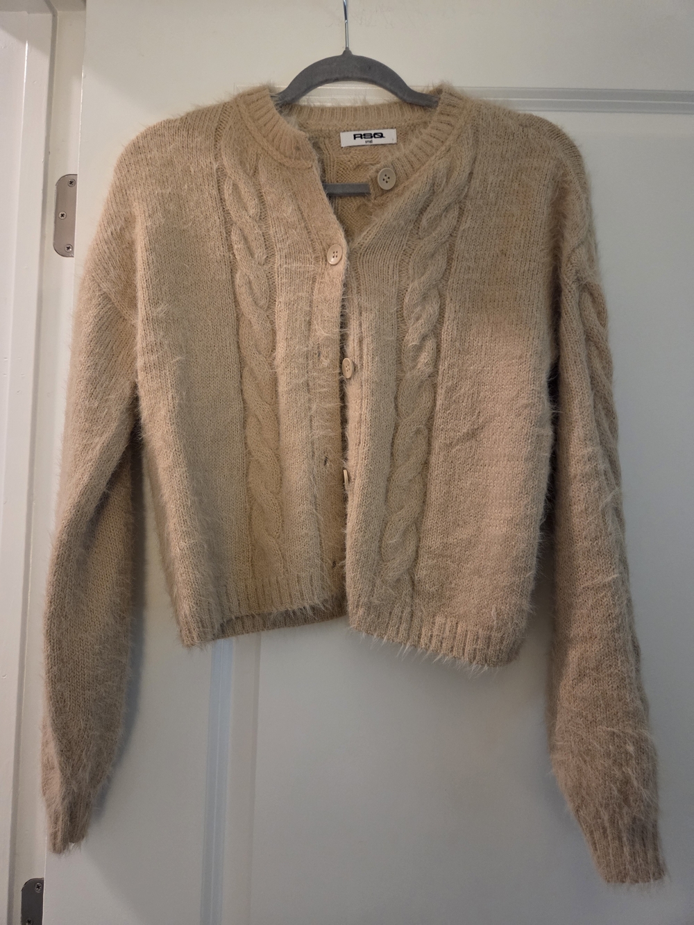 RSQ Fuzzy Cable Knit Cardigan Sweater Small Beige